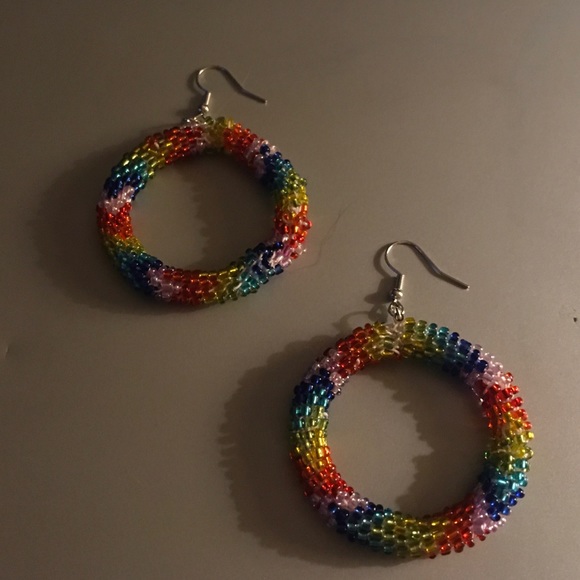 Hand Crafted Rainbow Bead Crochet Hoop Earrings - Picture 5 of 6